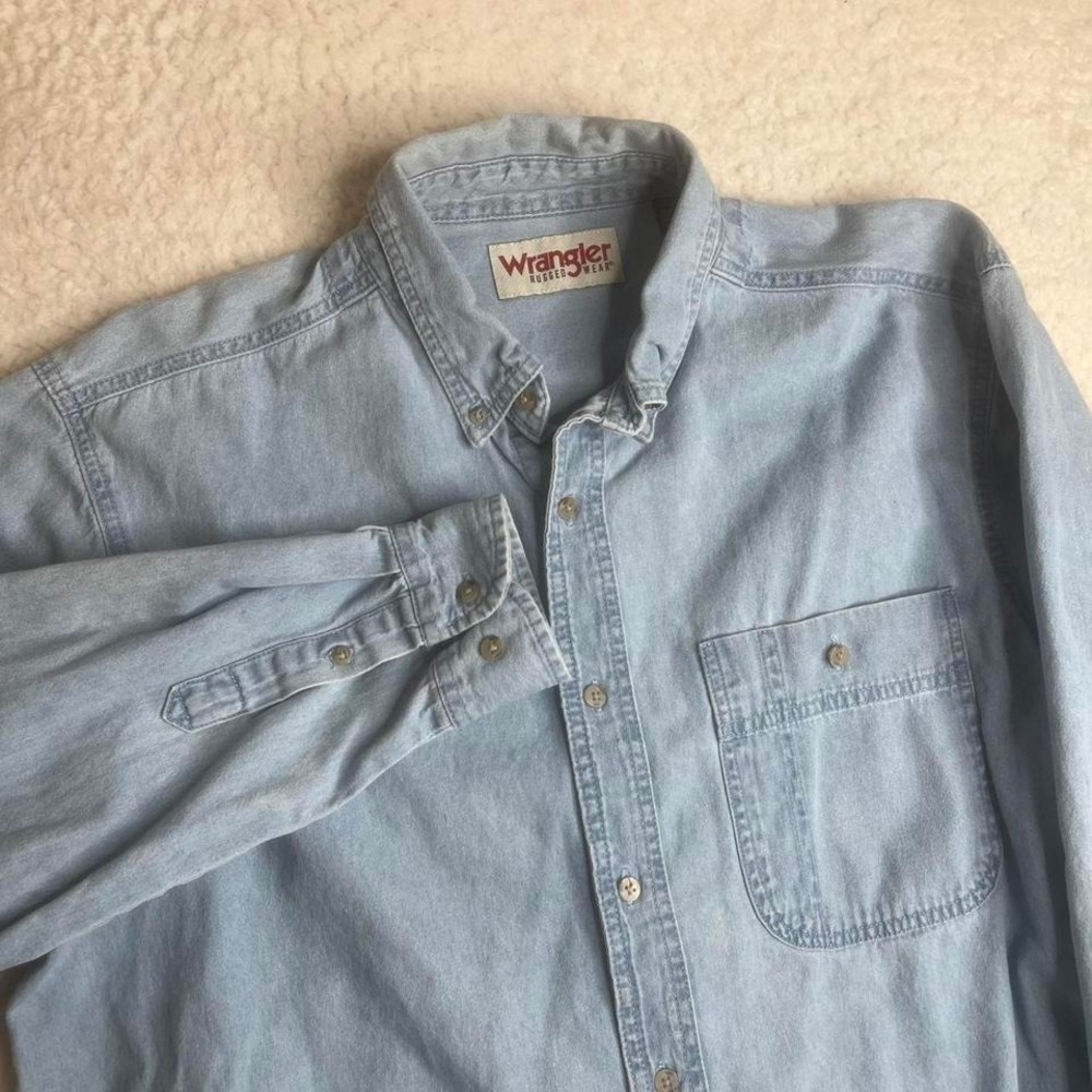 Vintage wrangler rugged wear men denim work pocket long sleeve shirt 90s work xl
